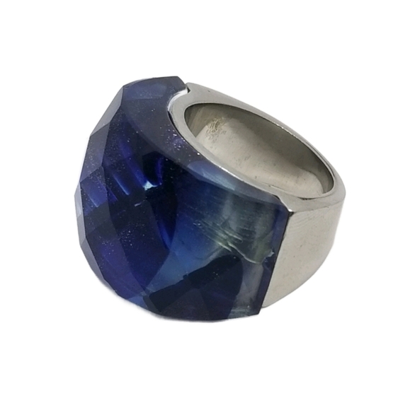 BLUE SHIMMERY SWIRL MURANO GLASS & STAINLESS STEEL FASHION RING - Picture 3 of 6